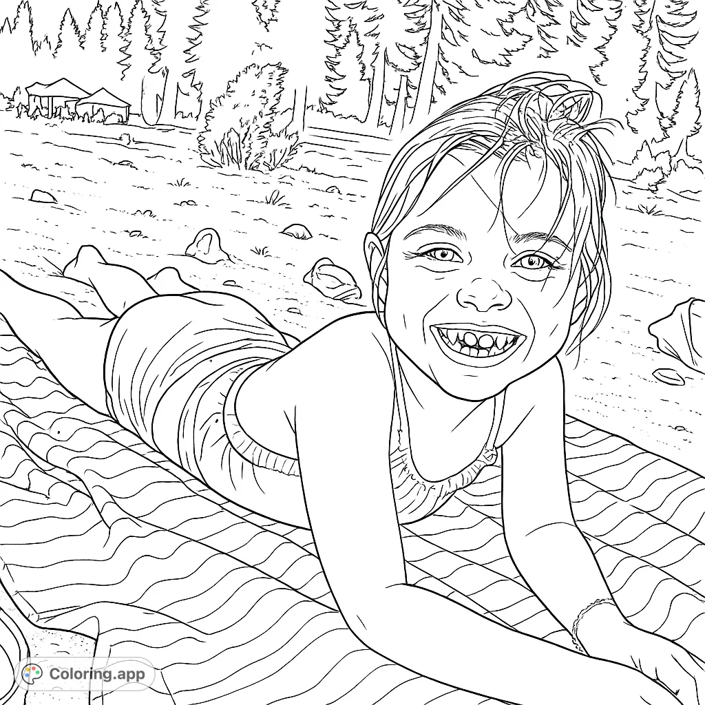 A joyful child smiles on a striped beach towel, ready for a fun day by the water. Perfect for a relaxing summer coloring experience.