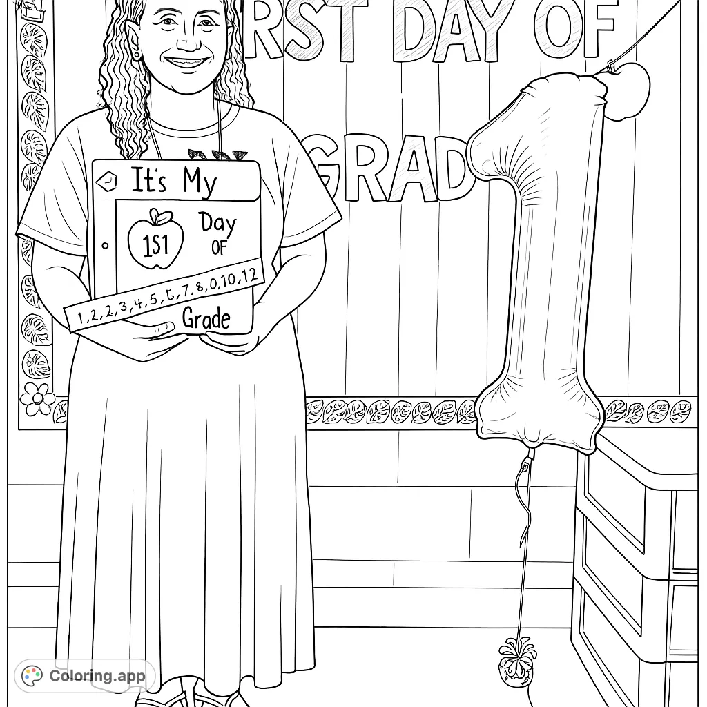 Celebrate the first day of school with this fun coloring page featuring a person holding a "First Day of Grade" sign, a number one balloon, and school decorations.