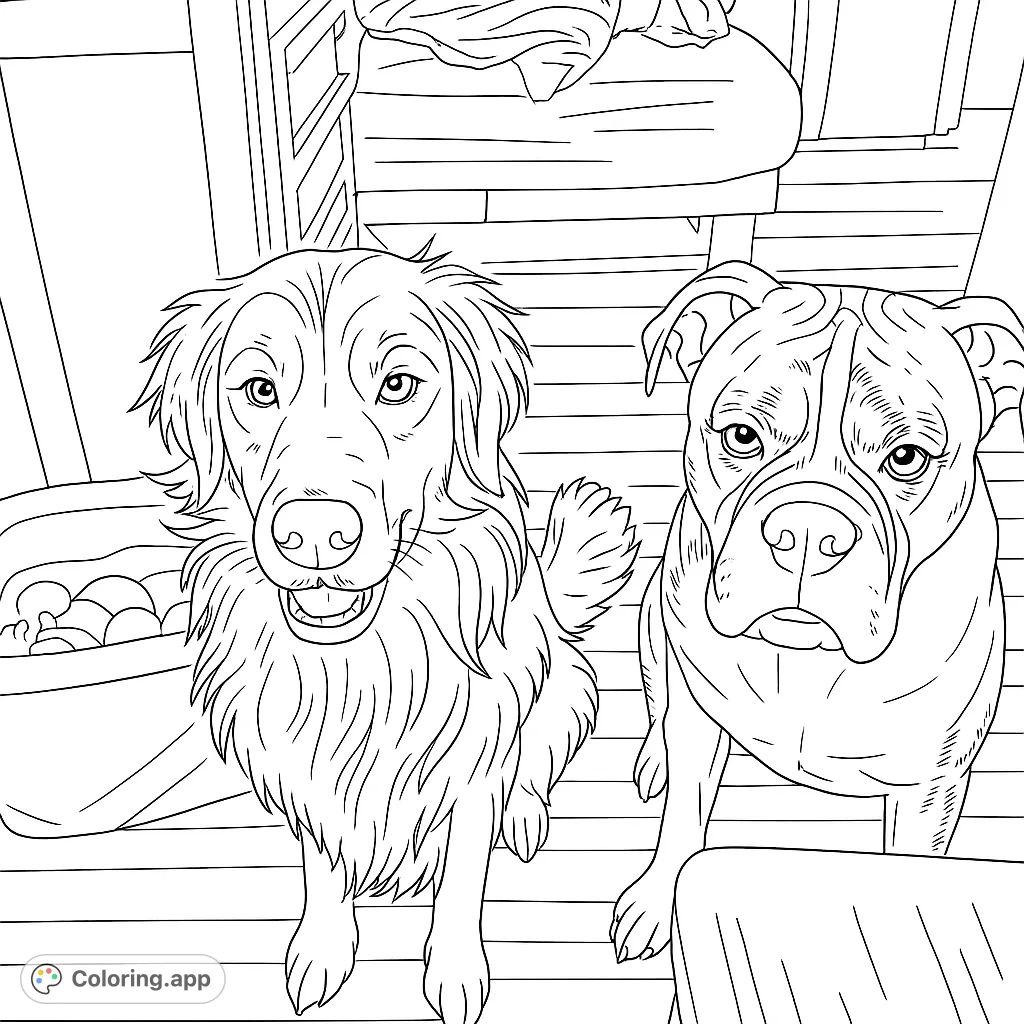 Capture the charm of two beloved canine friends in a cozy home setting. A delightful dog friends coloring page for all ages.