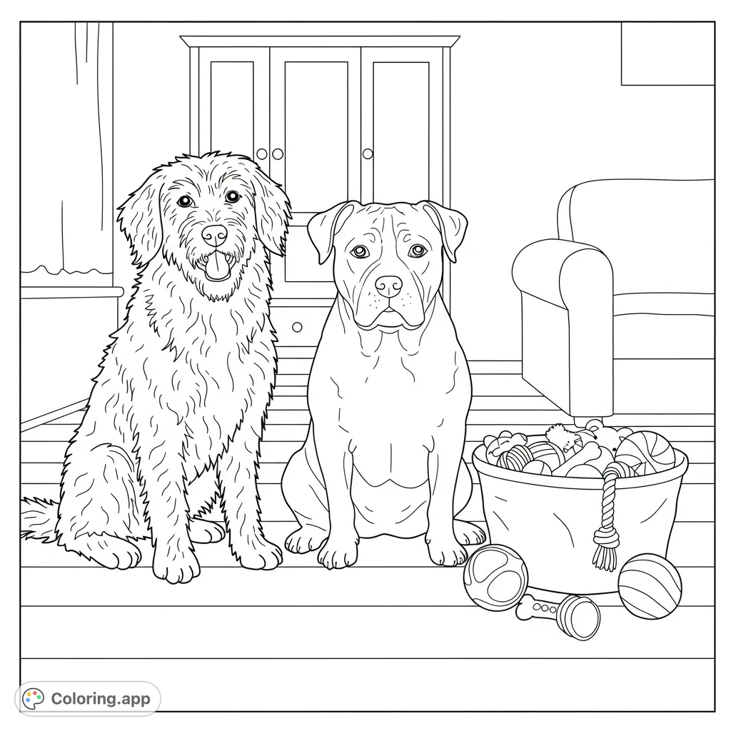 A charming dog coloring page featuring a shaggy retriever-like dog and a patterned bulldog-like dog sitting together, surrounded by toys.