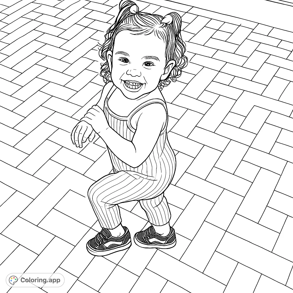 Capture the pure joy of a smiling toddler on a textured path. This delightful coloring page features a happy child, perfect for young artists and family fun.