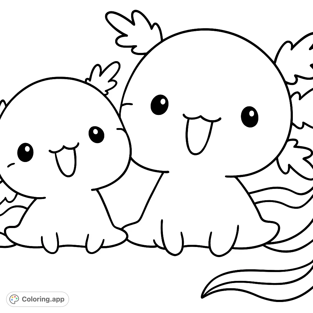 Discover two adorable, smiling axolotls in this charming coloring page. Perfect for fans of cute creatures and simple designs.