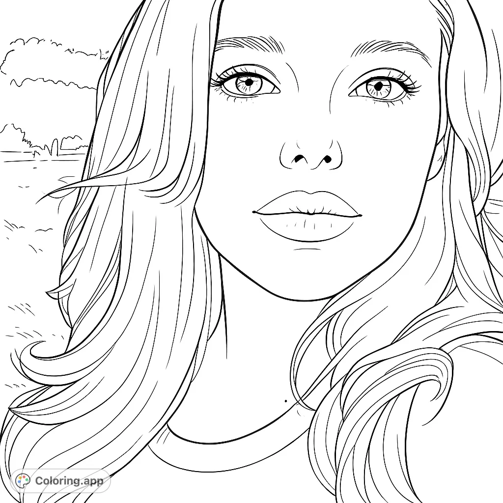A captivating portrait of a woman with flowing hair and expressive eyes, offering a detailed canvas for creative coloring and personal expression.