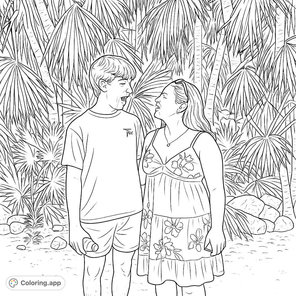 Capture a joyful tropical moment with this couple, surrounded by lush palm foliage. A delightful scene for all ages.