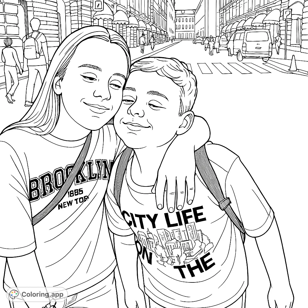 Capture a heartwarming moment of two children embracing on a bustling city street. A delightful urban friendship coloring page for all ages.