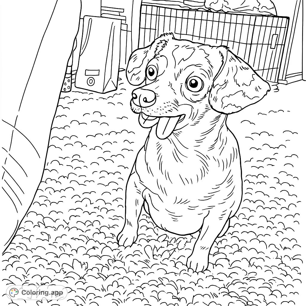 A charming coloring page featuring a playful spotted dog with its tongue out, sitting on a textured carpet. Perfect for dog lovers of all ages.