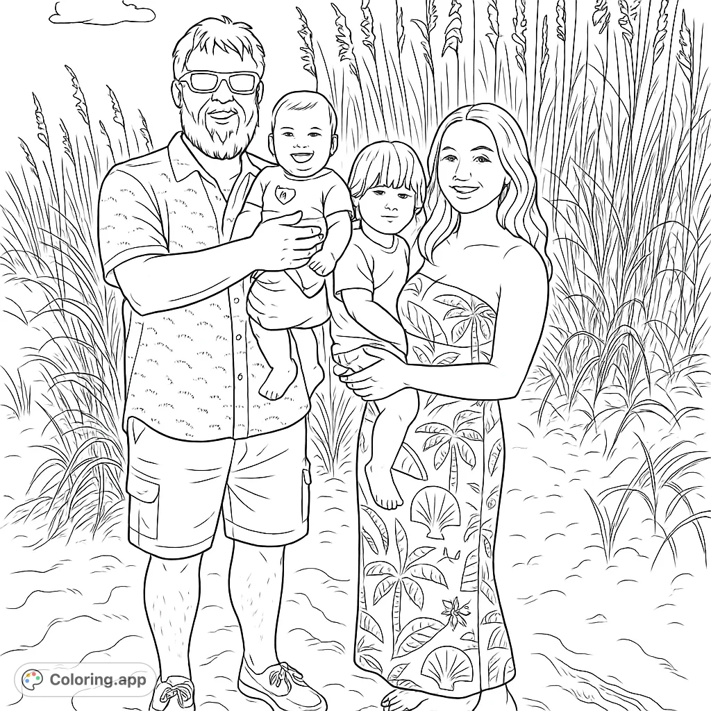 Capture a joyful family moment on a sandy beach with tall grass and ocean views. Perfect for a relaxing coloring experience.