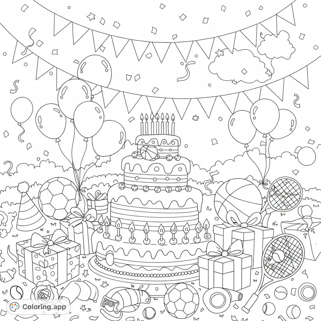 A festive sports-themed birthday scene featuring a cake, gifts, balloons, and various athletic equipment, perfect for celebrating a coach.