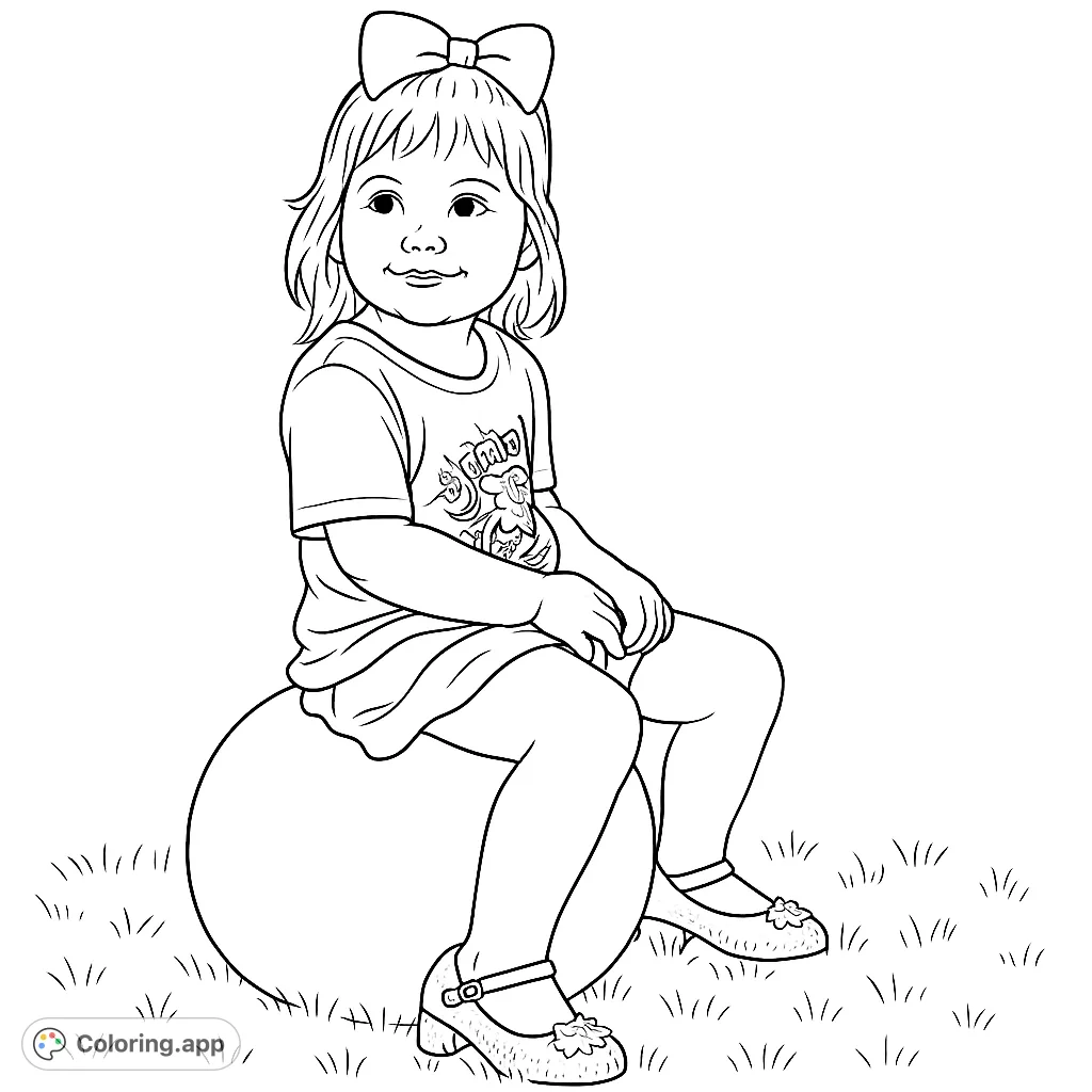 A joyful child sits on a large bouncy ball, ready for fun. Perfect for young colorists to bring to life with vibrant hues.