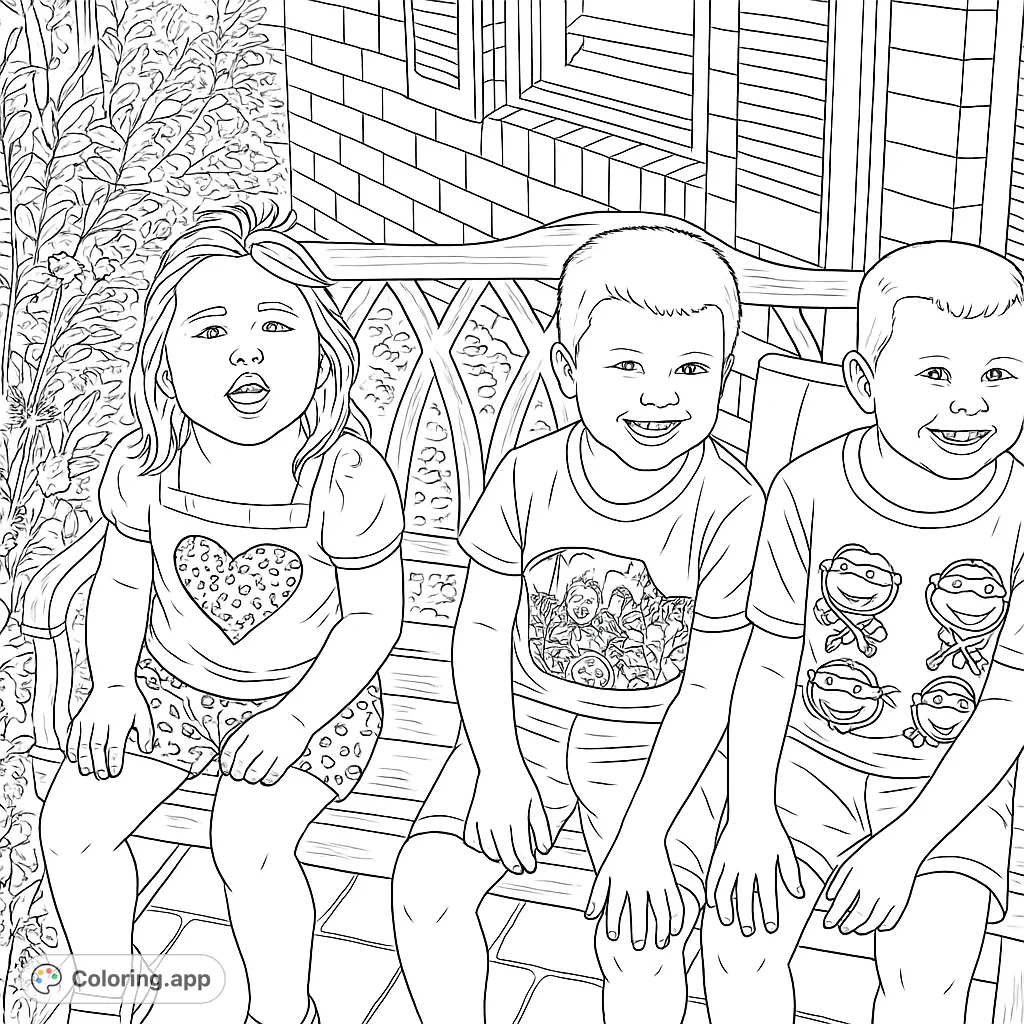 Three happy children sit together on a bench, surrounded by lush foliage and a house backdrop, ready for a fun coloring adventure.