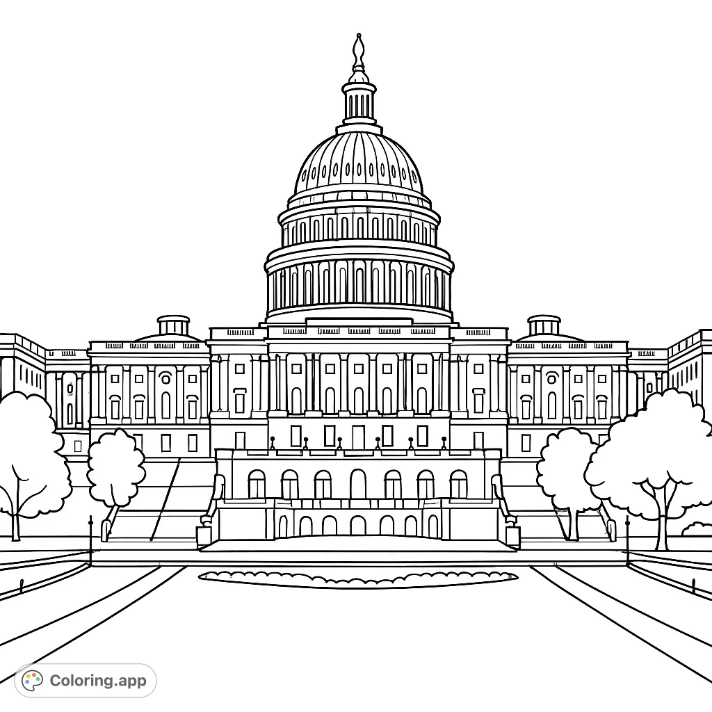Color the iconic United States Capitol Building, a symbol of democracy, surrounded by its grand lawn and intricate architectural details.