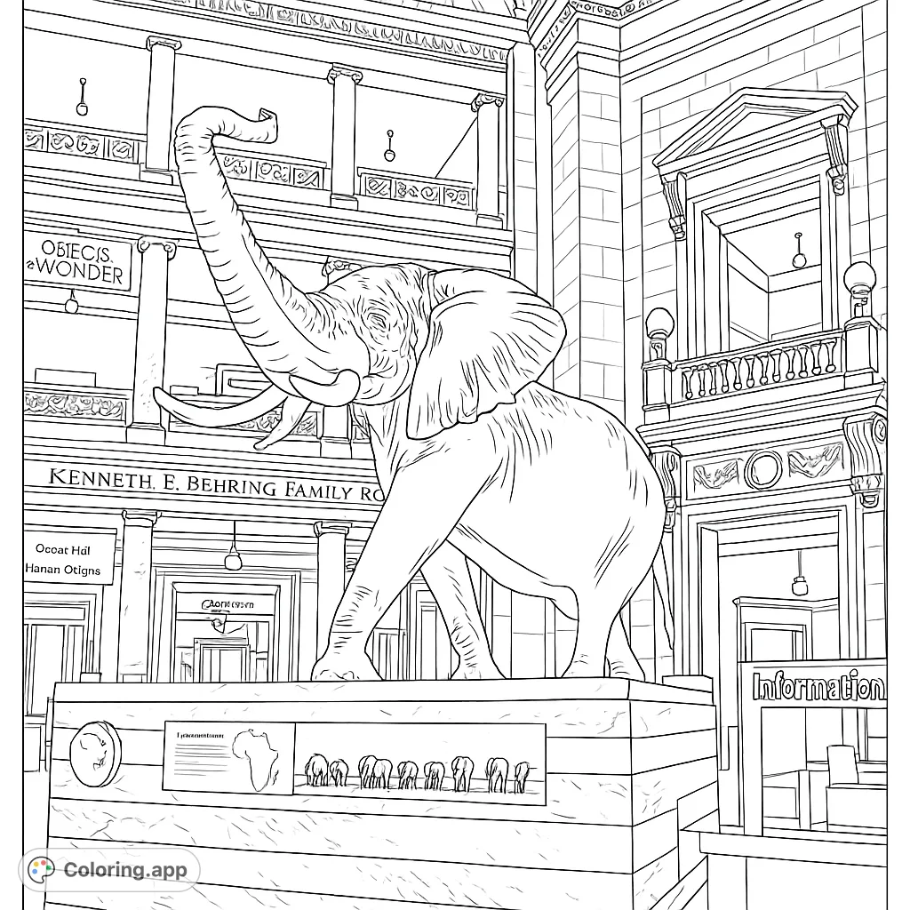 A majestic elephant statue in a grand museum rotunda, surrounded by intricate architecture and historical exhibits. A detailed coloring page.