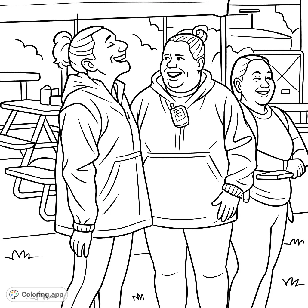 Capture the joy of friendship with this outdoor gathering coloring page. Features three happy individuals laughing in a park setting, perfect for all ages.