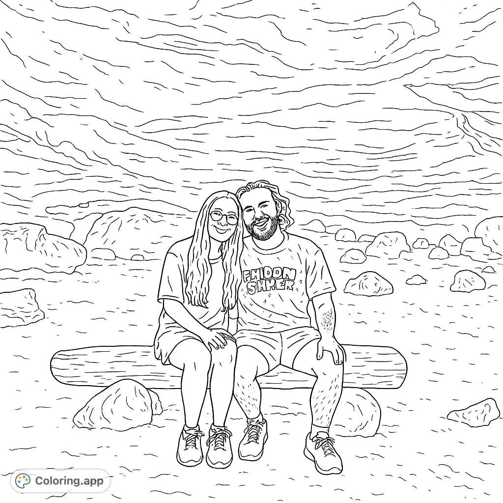 A heartwarming scene of a couple relaxing on a rustic bench inside a vast cave. Perfect for a unique nature-themed coloring page.