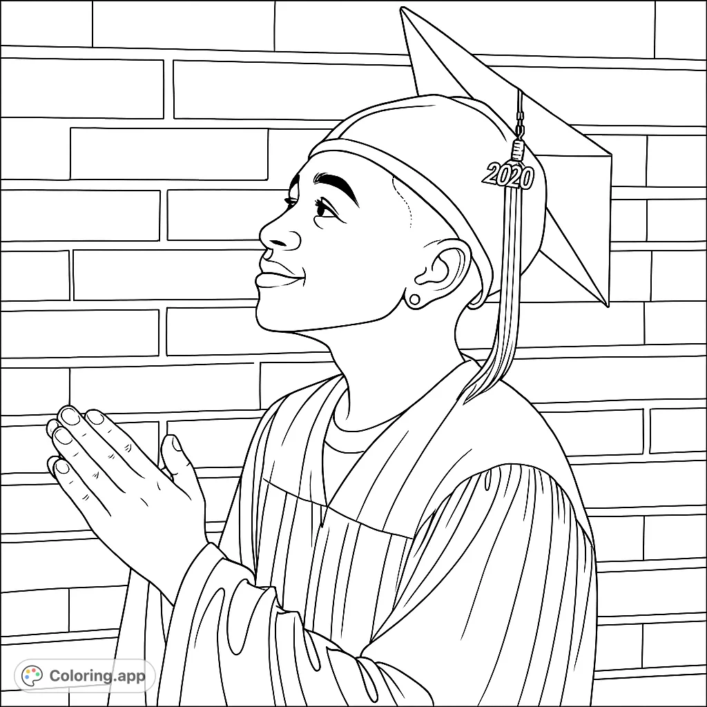 Celebrate achievements with this graduation coloring page featuring a young person in cap and gown, looking up with hope against a brick wall.