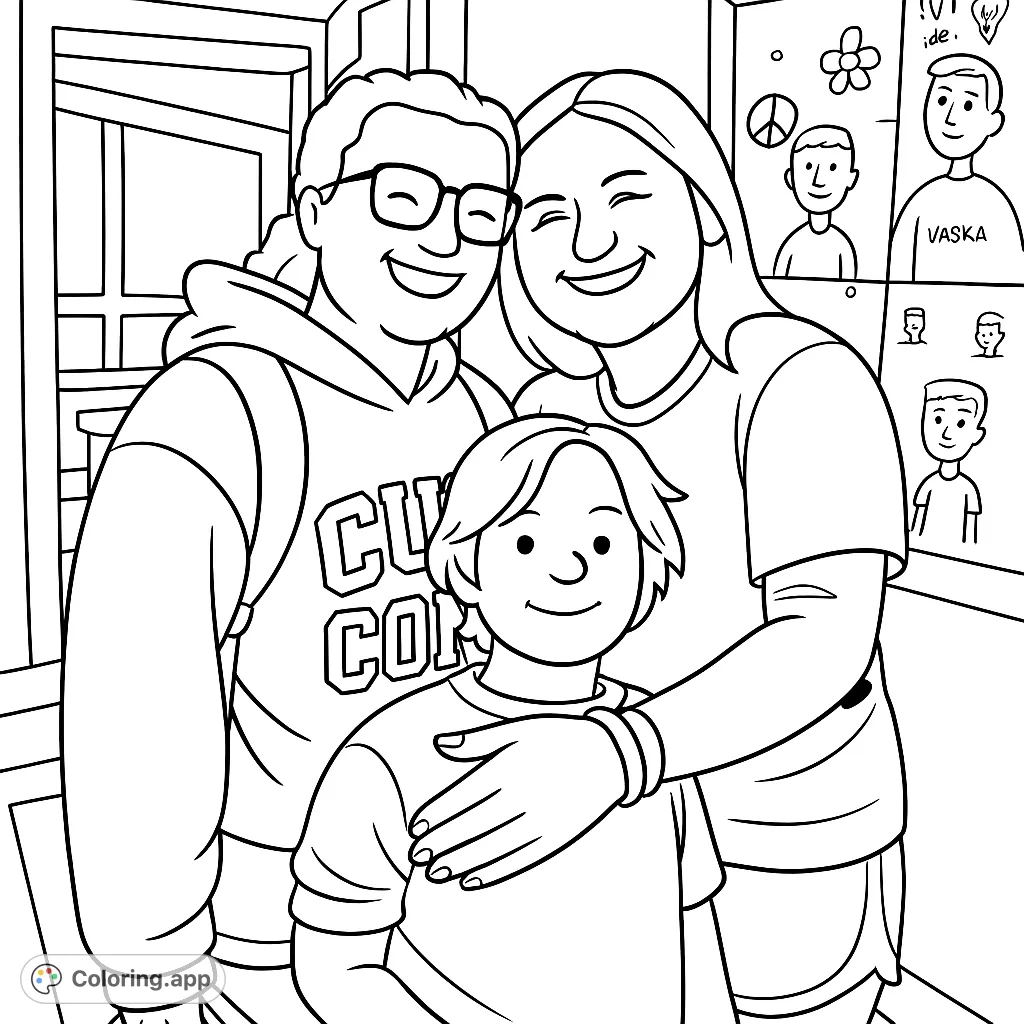 A heartwarming coloring page featuring three smiling friends, perfect for all ages. Capture their joy and create a vibrant scene with this free printable coloring page.