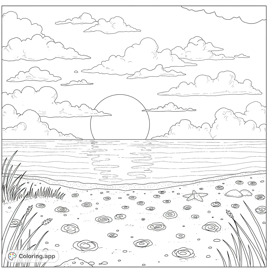 Experience a dreamy beach sunset coloring page featuring a serene ocean, a low sun, and a sky filled with heart-shaped clouds, creating a surreal, romantic scene.
