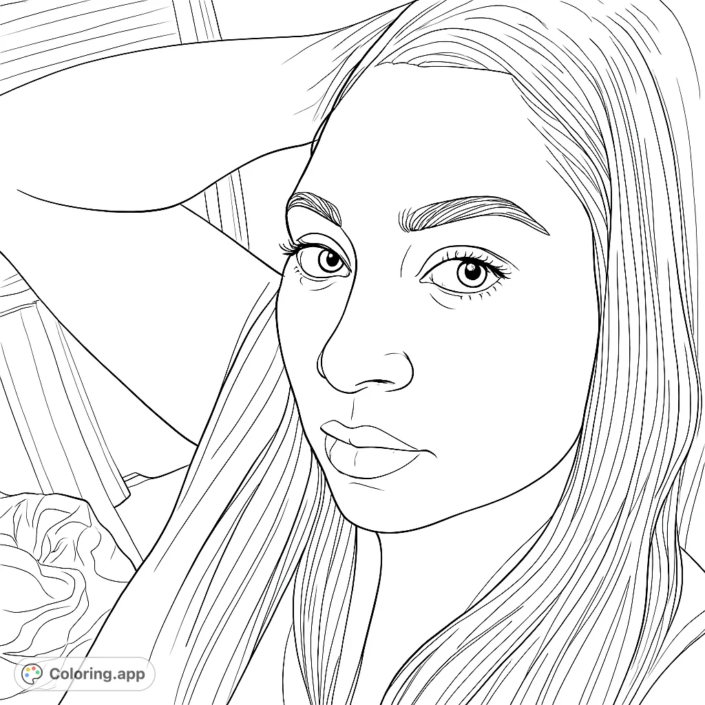 An expressive portrait of a woman with flowing hair and a relaxed pose, perfect for detailed coloring and artistic exploration.