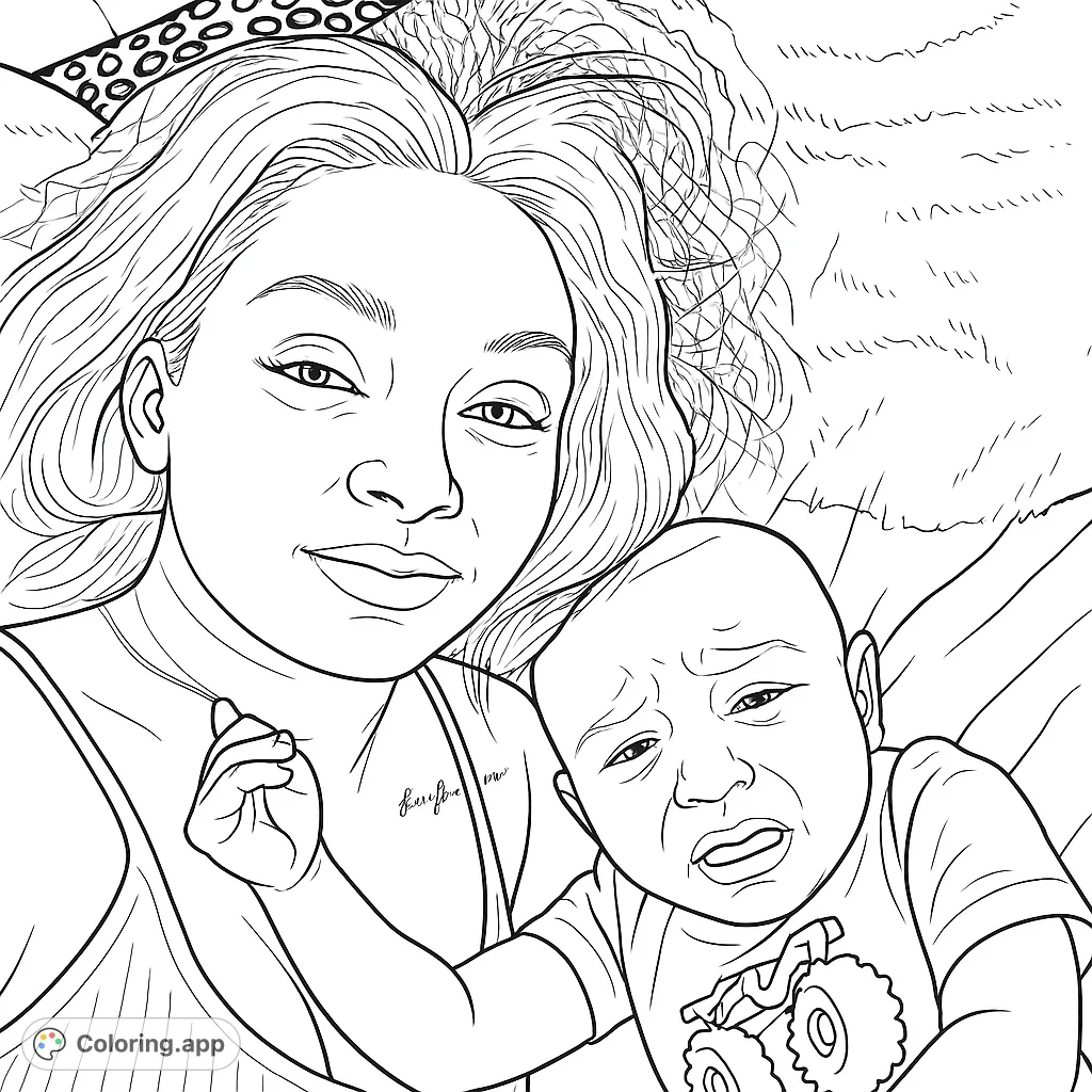A heartwarming scene of a mother and baby, perfect for a family-themed coloring page. Features a detailed monster truck graphic on the baby's shirt.