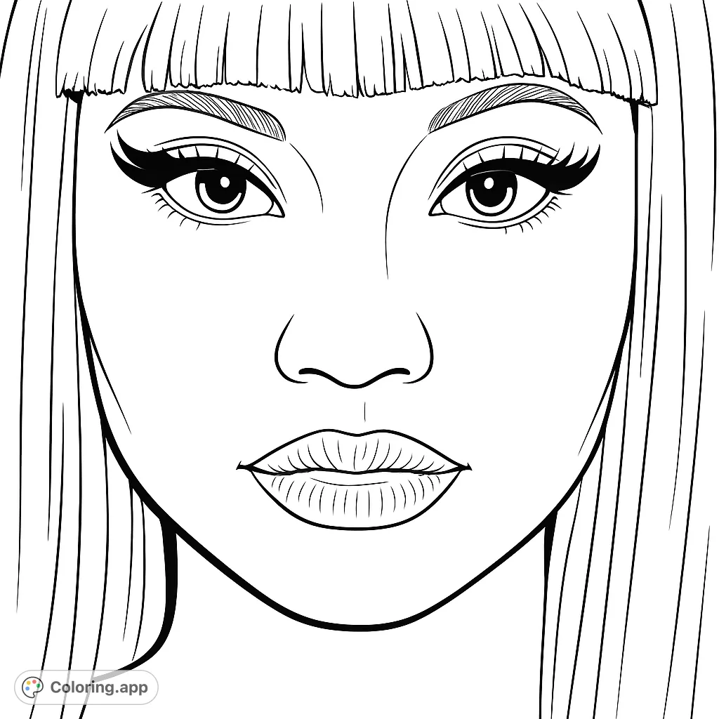 A captivating close-up portrait of a pop star, featuring striking eyes, full lips, and iconic straight bangs, ready for your creative touch.