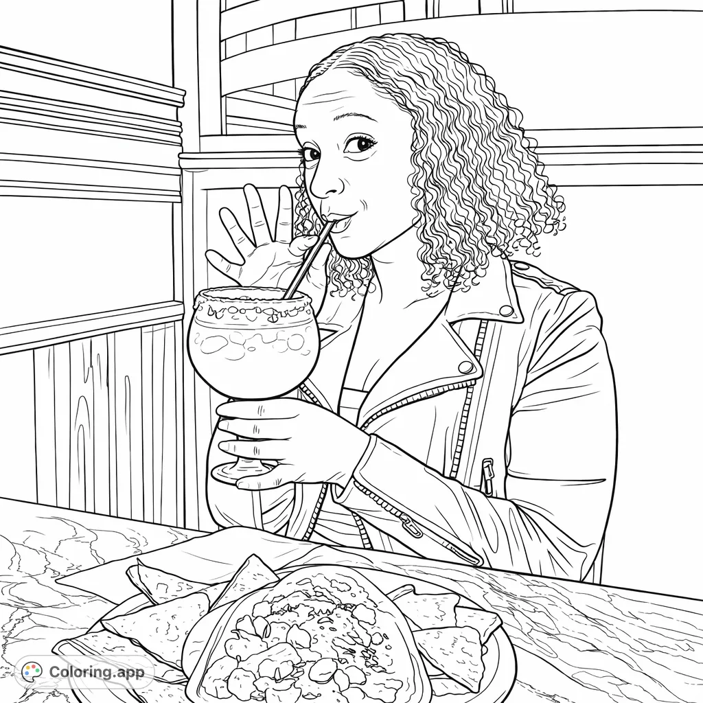 Enjoy a relaxing moment with this coloring page featuring a person savoring a drink and a delicious snack at a cozy restaurant. Perfect for a mindful coloring break!