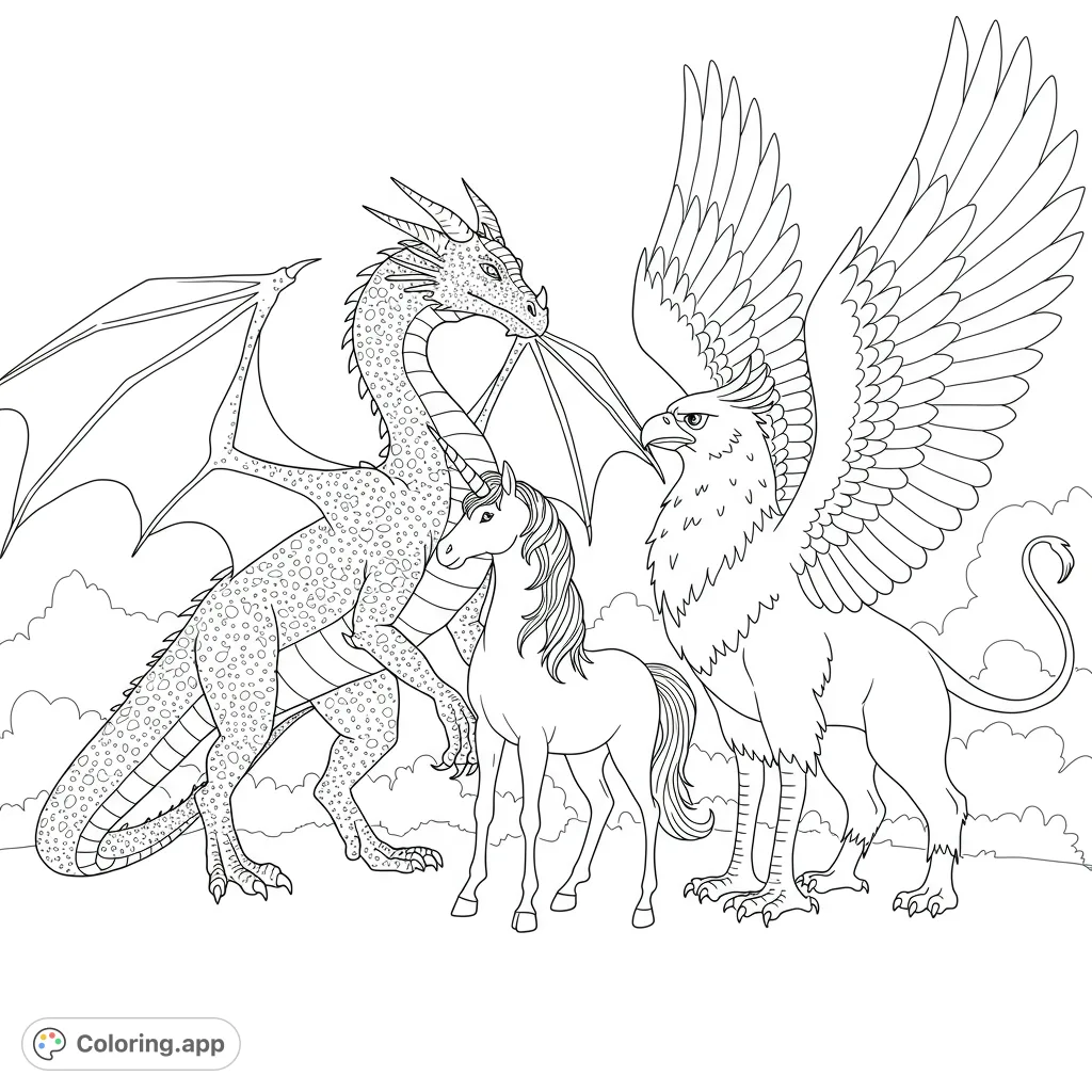 Unleash your imagination with a majestic dragon, a graceful unicorn, and a powerful griffin, ready for your creative touch on this mythical creatures page.
