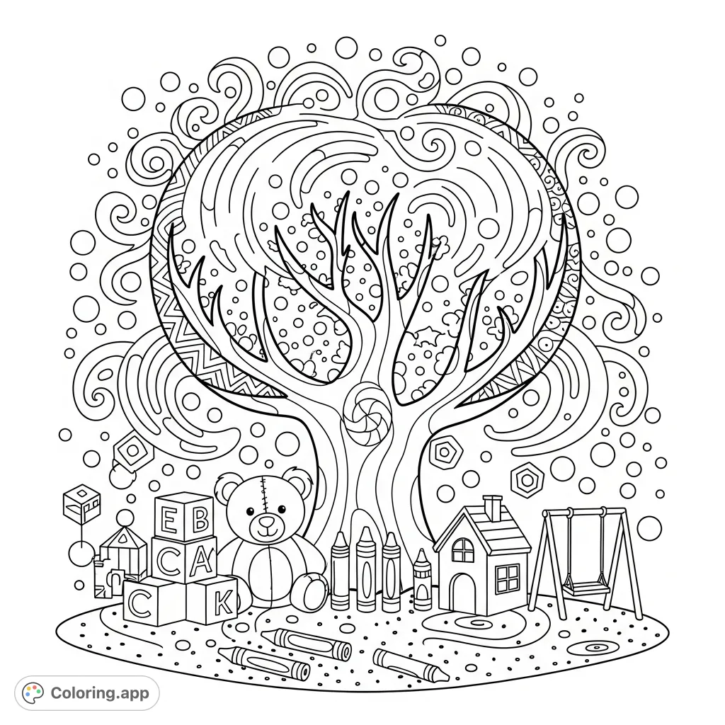 Explore emotional growth through a serene play therapy coloring page featuring comforting objects and a gentle, imaginative landscape.