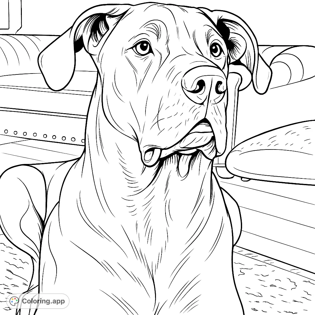 A detailed Great Dane portrait coloring page, perfect for dog lovers. Capture the noble expression and textured fur of this gentle giant.