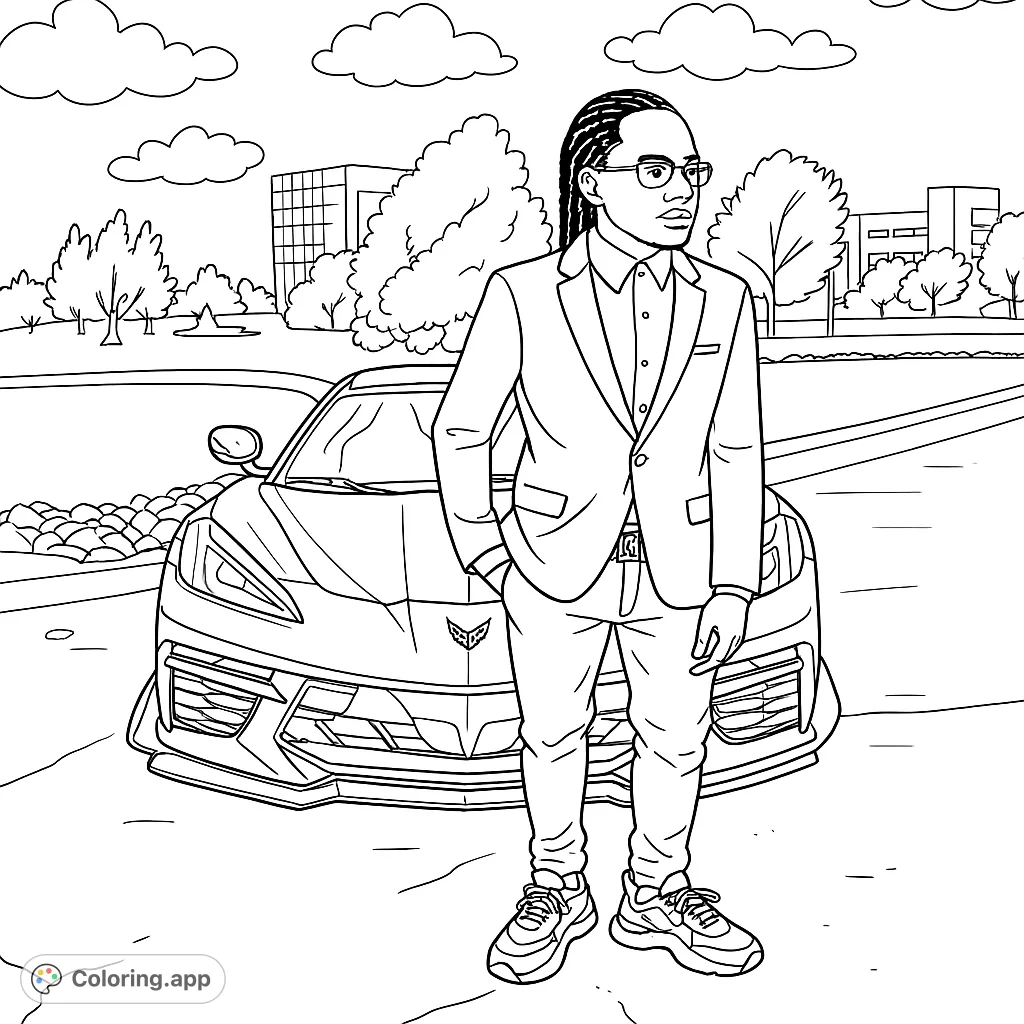Color a stylish figure posing with a sleek sports car against a modern landscape. Perfect for car enthusiasts and fashion lovers.