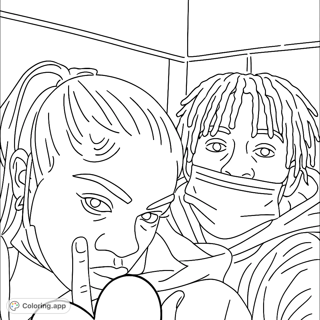 A casual portrait of two individuals, one with a finger to lips, both wearing masks, against a simple wall background.