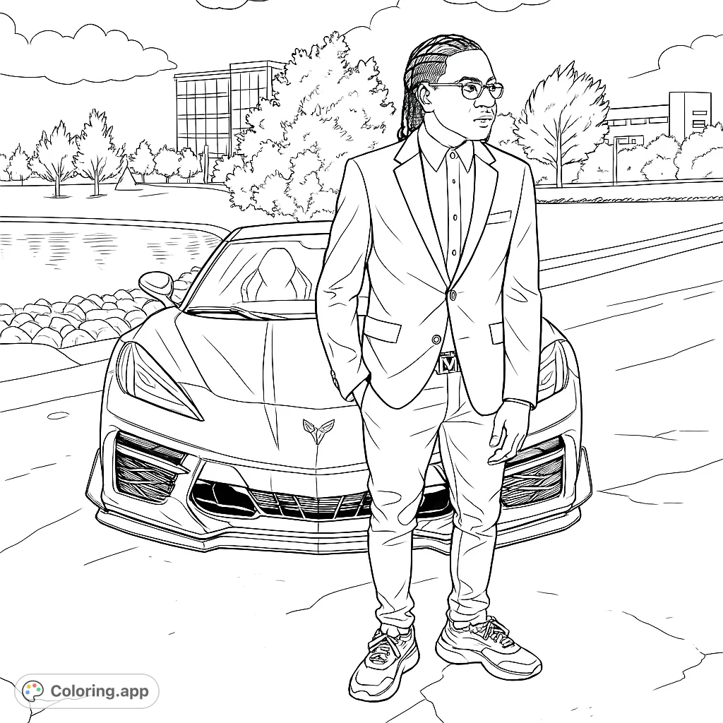 Color a stylish figure posing confidently with a sleek sports car. Features modern architecture, a serene pond, and a dynamic urban landscape.