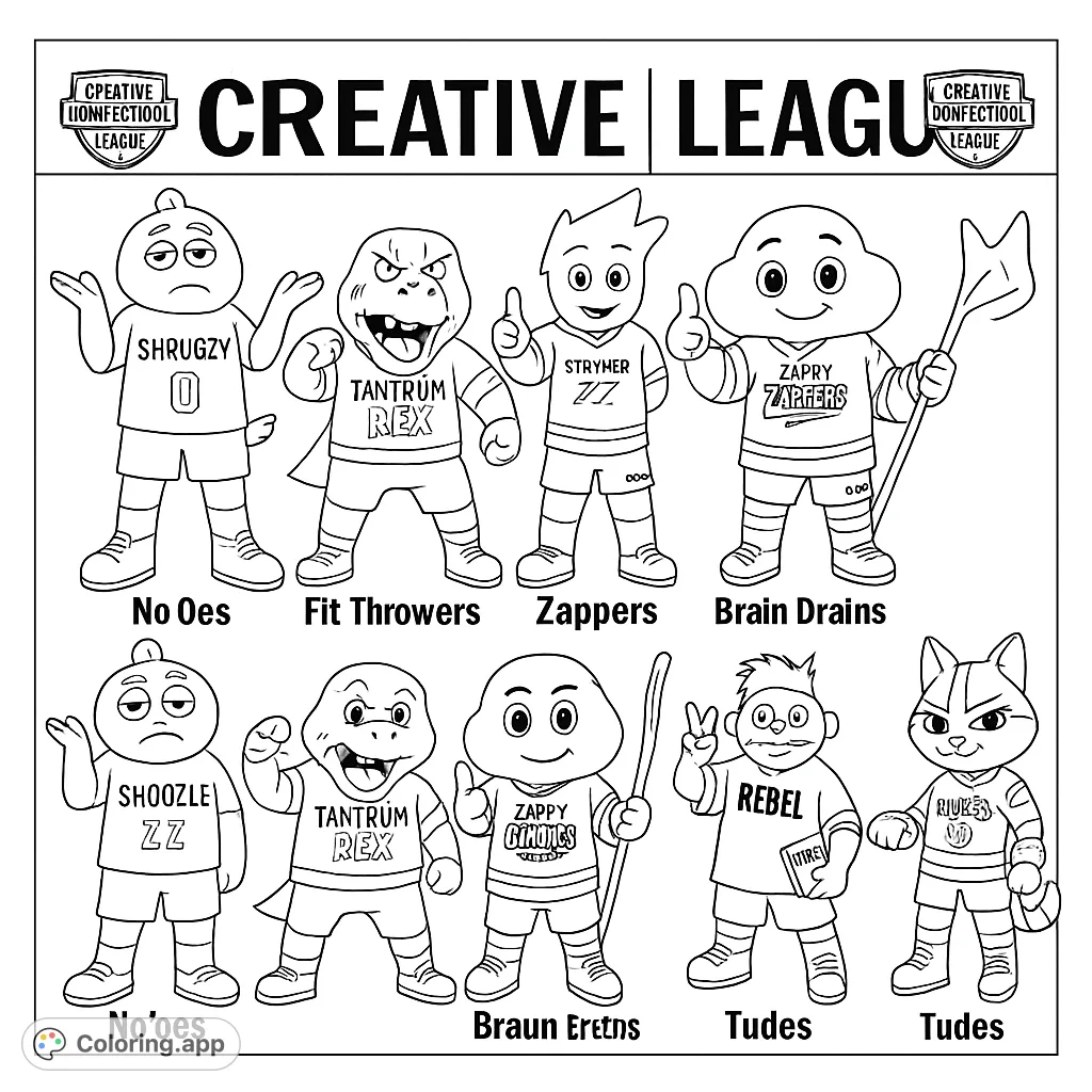 Nine unique hockey mascot characters in full gear, ready for action. A fun and engaging coloring page for sports fans and creative minds.