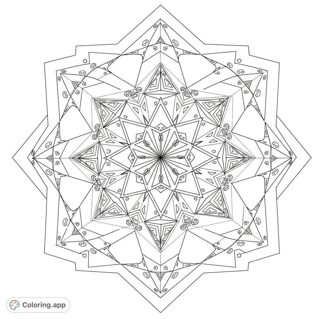 Explore a mesmerizing, perfectly symmetrical geometric pattern with interlocking shapes, stars, and diamonds. A harmonious radial design for focused coloring.