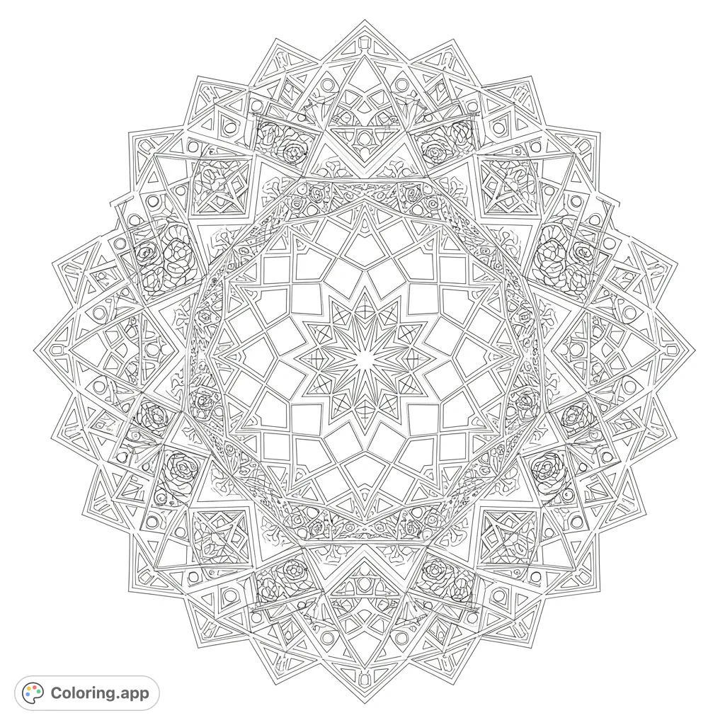 Unfold a mesmerizing symmetrical geometric pattern with interlocking shapes, stars, and diamonds. A dense, intricate design for focused coloring.