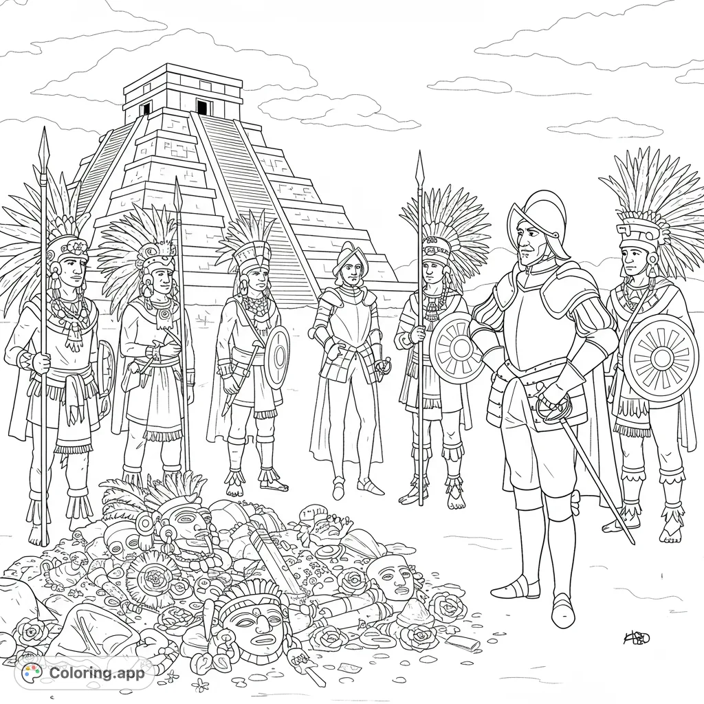 Discover a historical scene featuring Hernán Cortés, Aztec warriors, and a treasure of gold. A detailed free printable history coloring page for all ages.