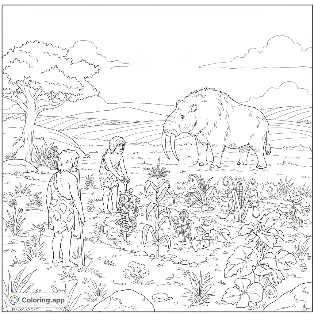 Explore ancient American life with this simple coloring page featuring early hunters, farmers, and prehistoric animals. A free printable for kids.