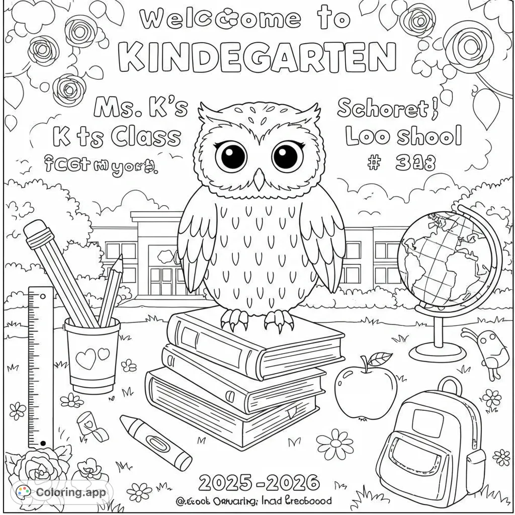 A delightful kindergarten welcome coloring page featuring an adorable owl, bubble letters, and school supplies, perfect for new students.