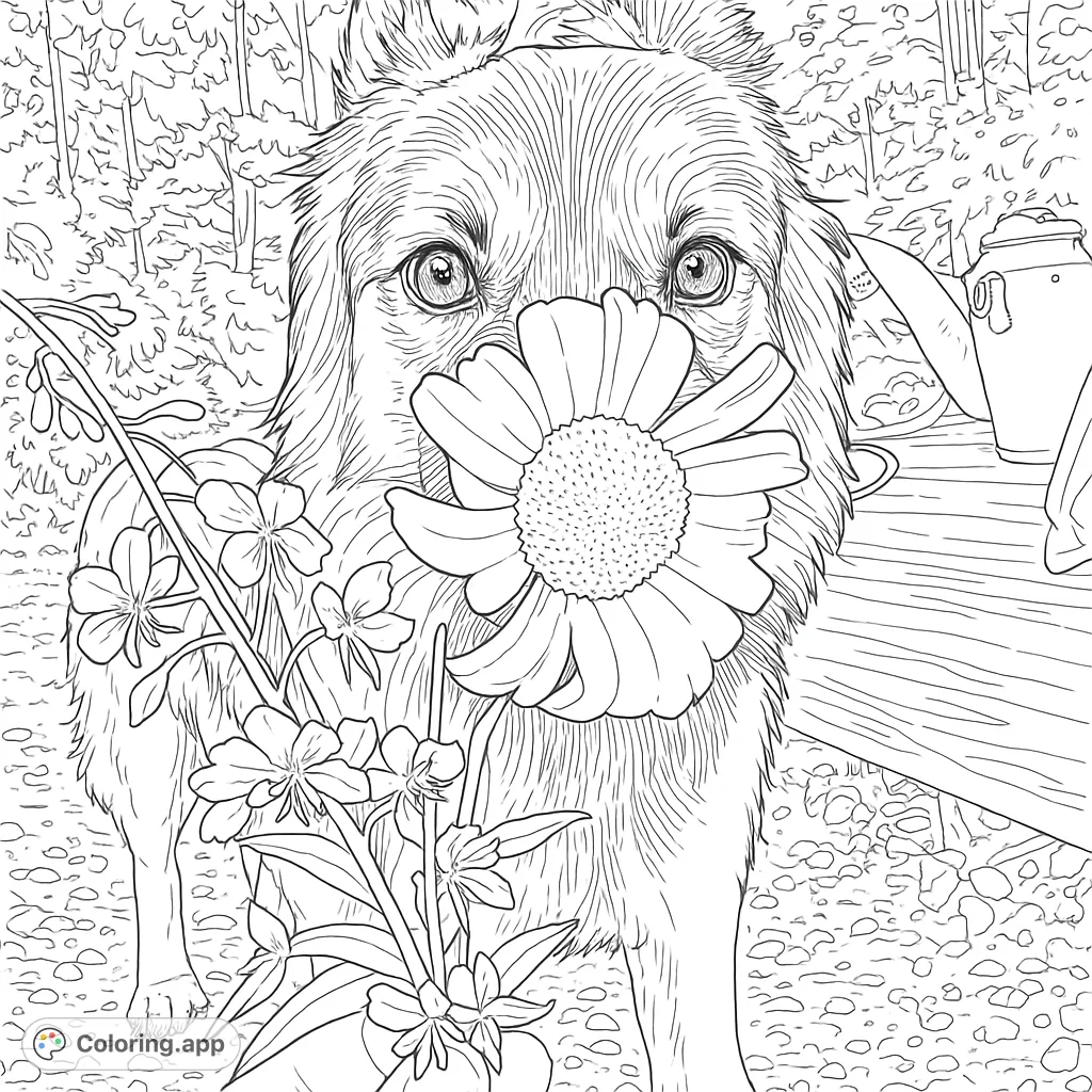 A charming coloring page featuring a sweet dog peeking from behind a large flower, with a hand holding delicate blooms in a natural outdoor setting.