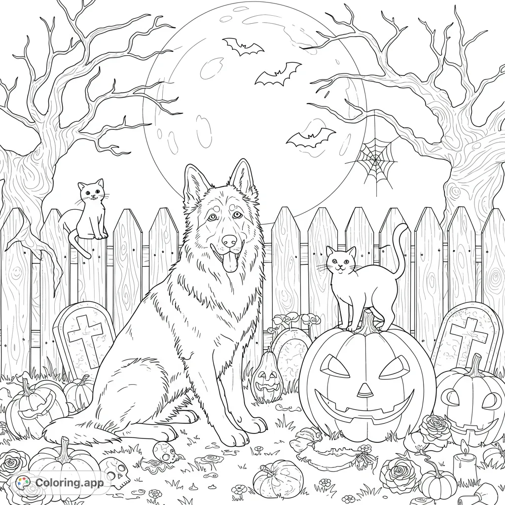 A charming Halloween coloring page featuring a majestic German Shepherd, a dark-furred cat, and a light-furred cat amidst pumpkins and spooky outdoor elements.