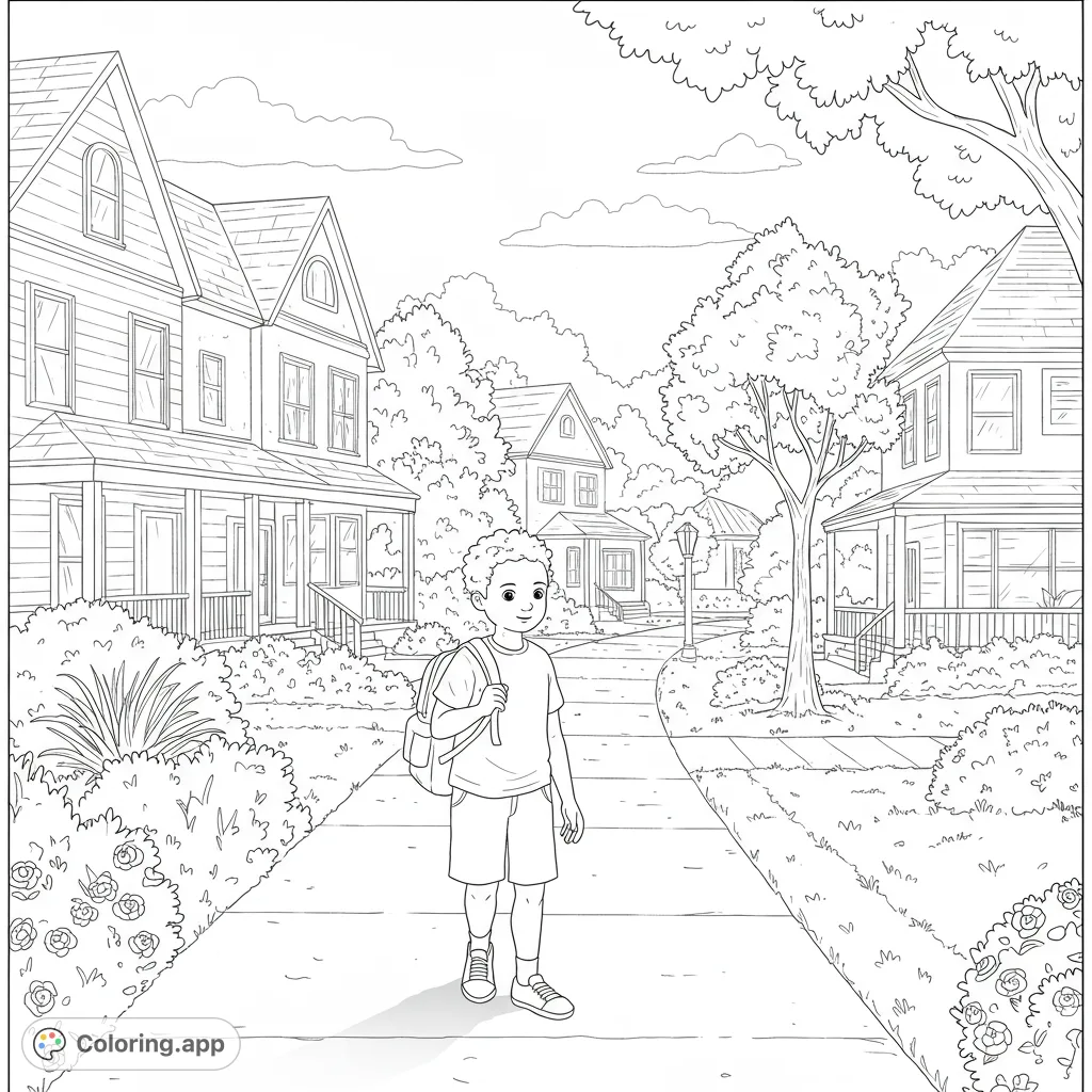 A detailed neighborhood scene featuring an 11-year-old boy walking past houses, trees, and bushes, perfect for a relaxing coloring experience.