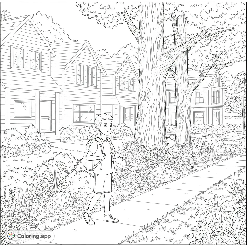 A detailed neighborhood scene featuring an 11-year-old boy walking along a sidewalk, surrounded by intricate trees, bushes, and houses, perfect for detailed coloring.