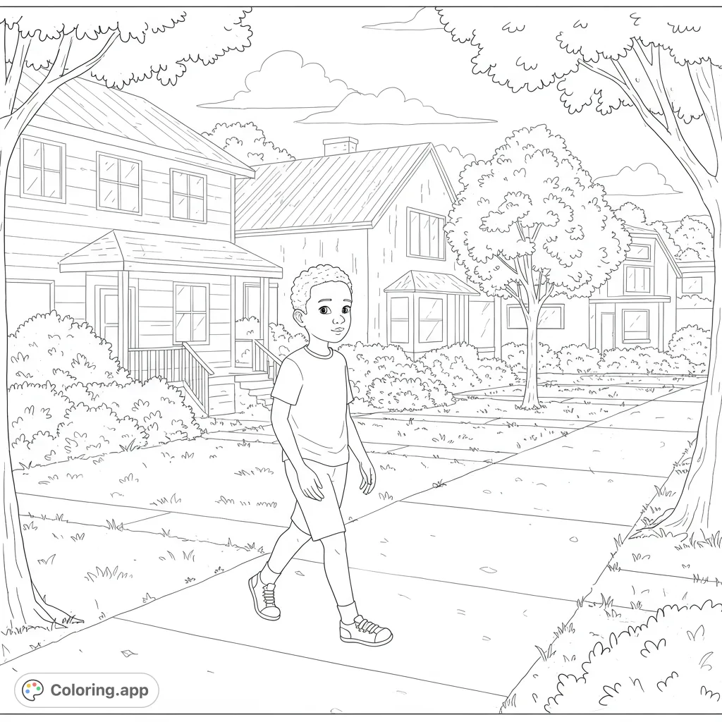 Explore a charming neighborhood with a boy on a walk. This free printable neighborhood coloring page is perfect for kids, featuring houses, trees, and a friendly street scene.