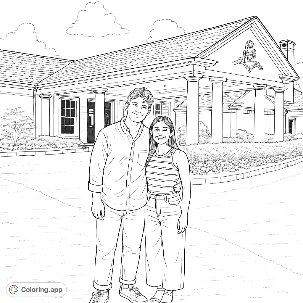 Color a charming couple standing before a grand, columned estate. A detailed scene perfect for architecture and portrait enthusiasts.