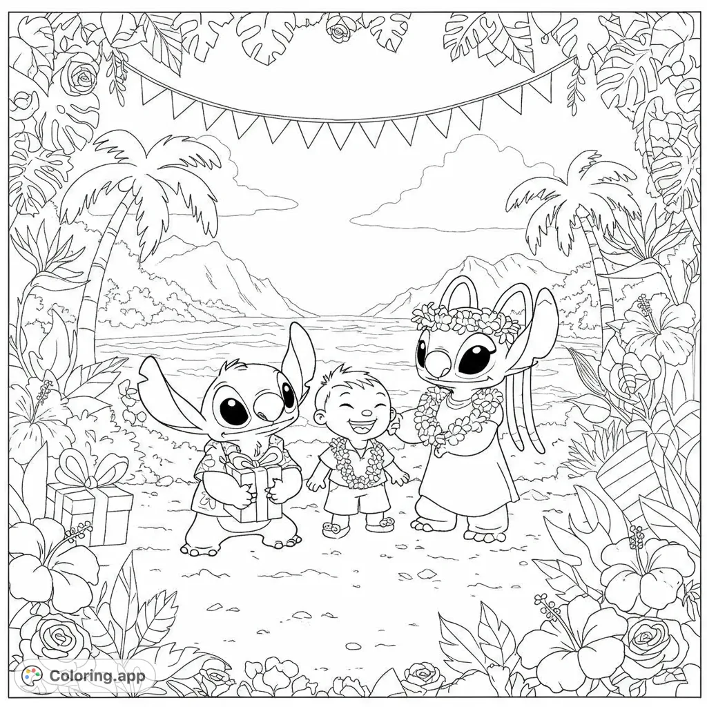Celebrate with Stitch, Angel, and a child in a vibrant Hawaiian birthday scene, perfect for a fun and festive coloring adventure.