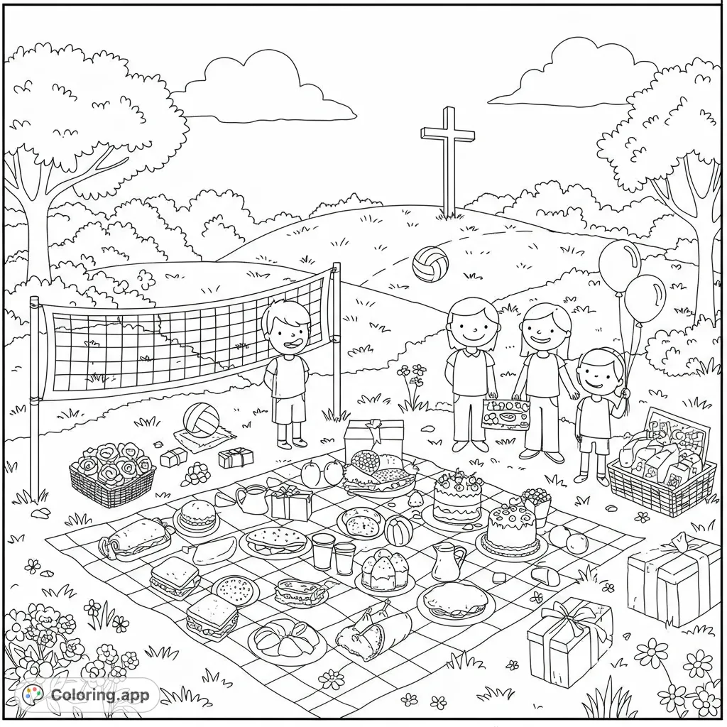 Celebrate with the Herrera family! This free printable coloring page features a joyful outdoor reunion with a picnic, volleyball, and a symbolic cross.