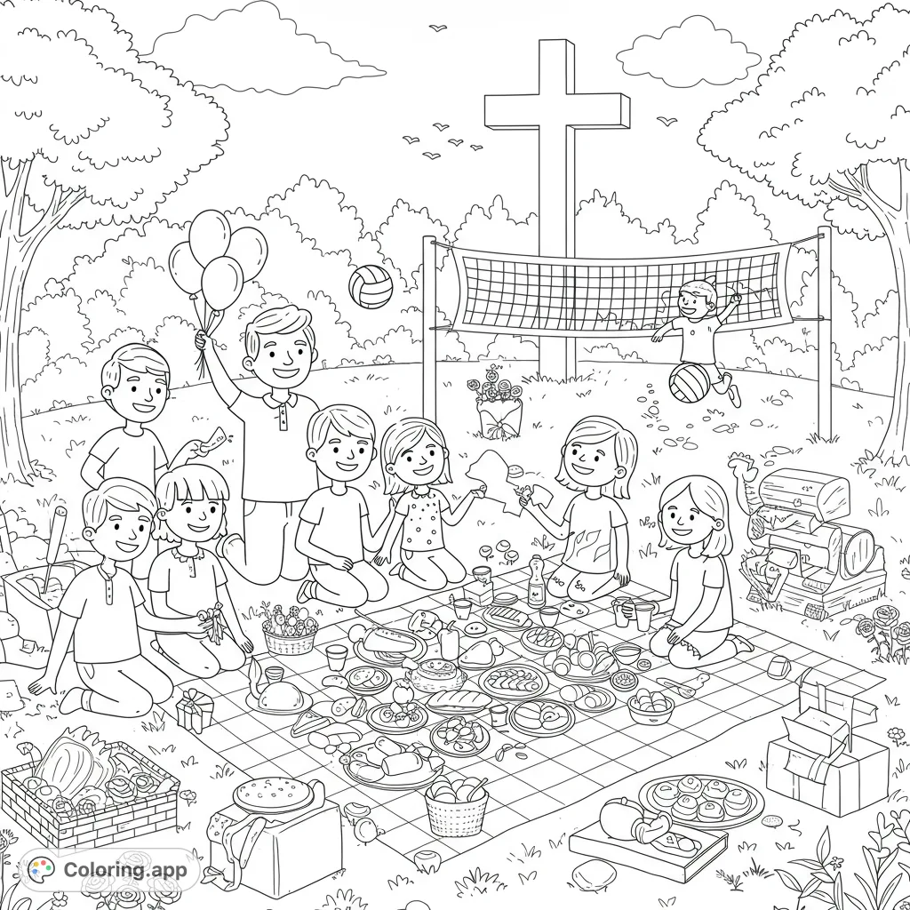 A joyful Herrera family reunion with a picnic, volleyball, and a cross, set against a festive party background. Perfect for all ages.