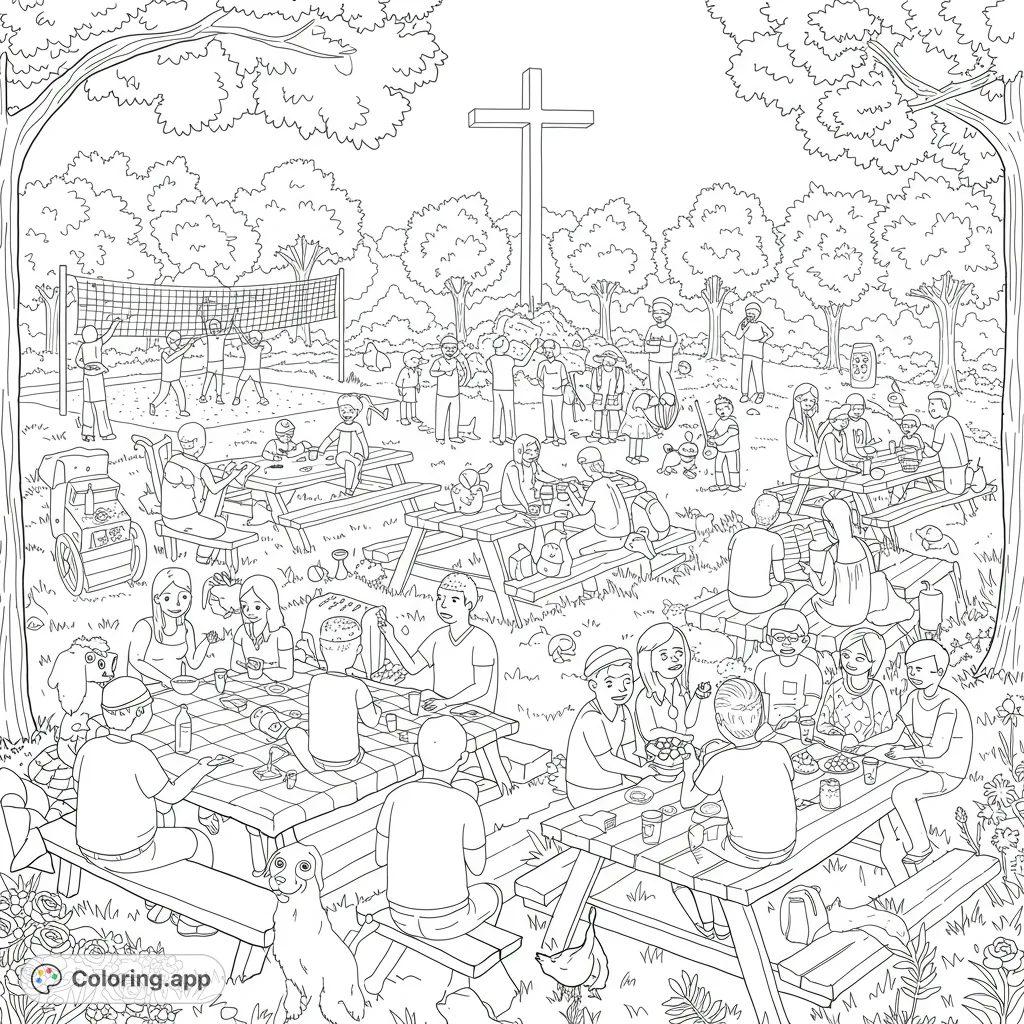 A joyful family reunion scene in a park, featuring picnic tables, a volleyball game, live music, and a prominent cross, perfect for all ages.