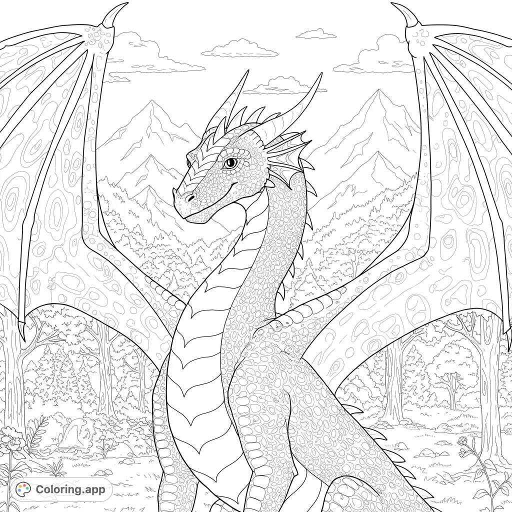 A highly detailed dragon with expansive wings and a kind smile soars above a dense mountain forest, inviting intricate coloring.
