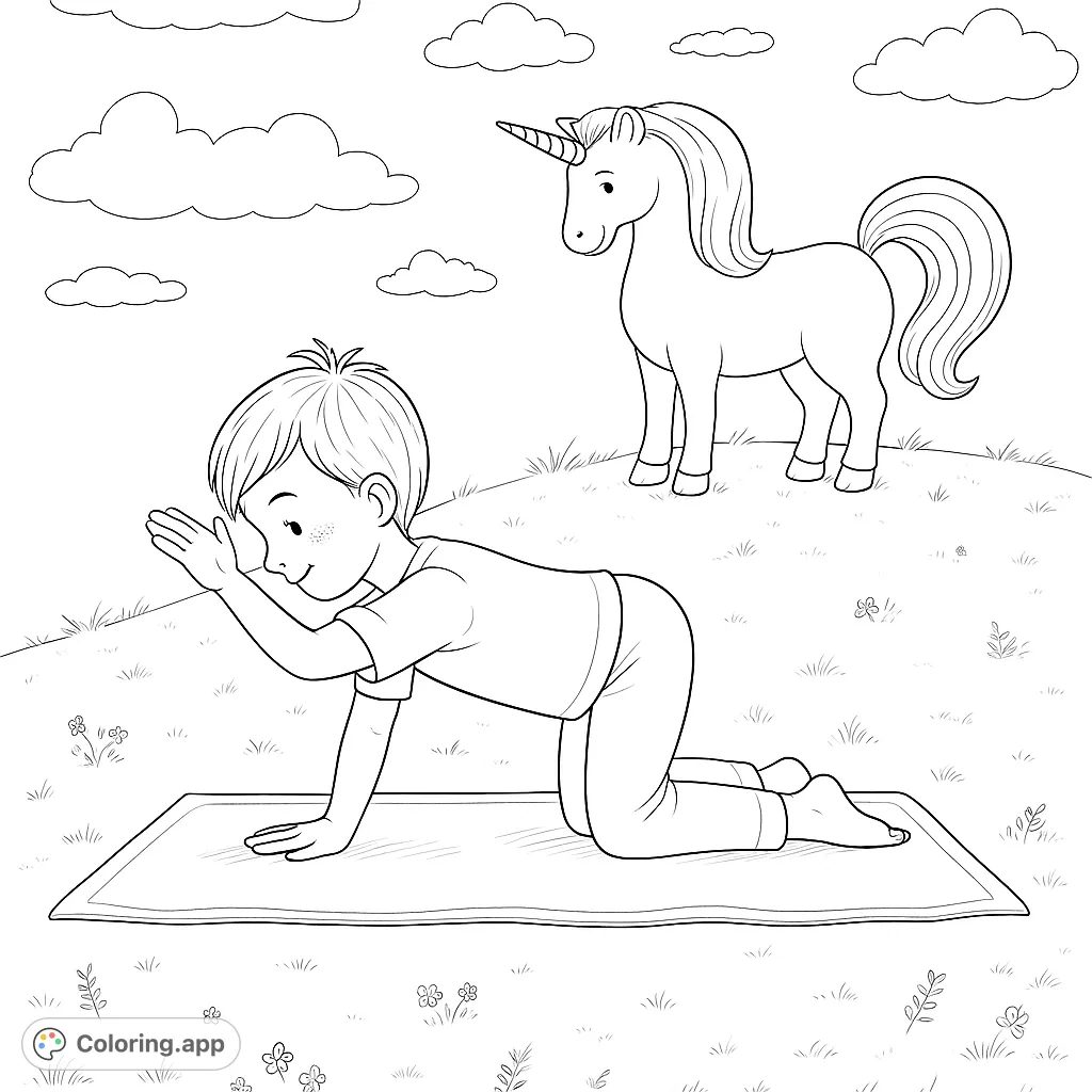 A delightful scene of a boy doing yoga on a mat, observed by a magical unicorn on a grassy hill. Perfect for inspiring mindfulness and imaginative play.