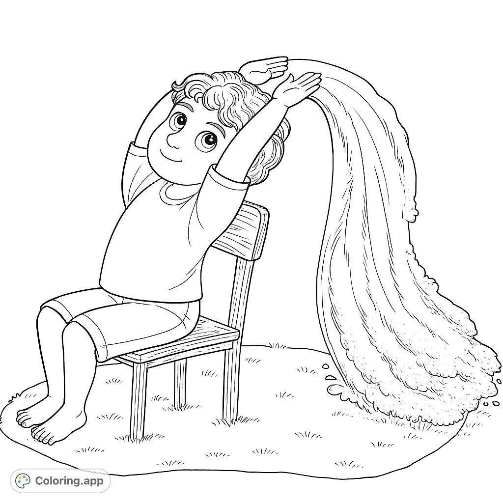 A delightful free printable child pouring water stream coloring page, perfect for kids and adults. Features a playful scene with a child, chair, and dynamic water flow on grass.